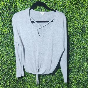 Gray Tie Front Blouse With Criss Cross Pattern Size Medium On Sale